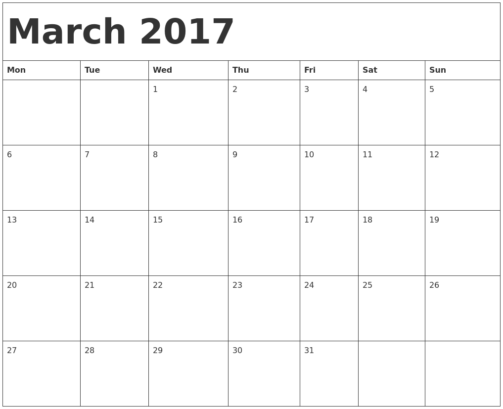 march calendar template 2017