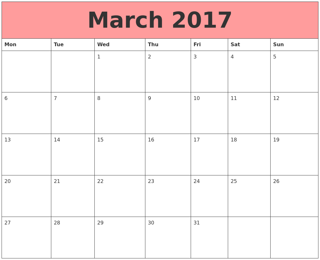 march calendar template 2017