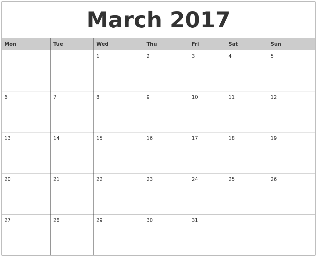 Monthly Calendar Monday Start : March monthly calendar printable Monthly Calendar Monday Start : March monthly calendar printable