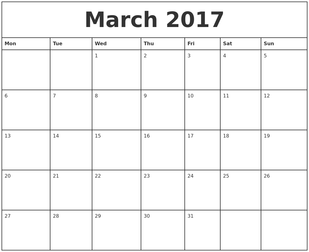 2017 calendar printable monthly