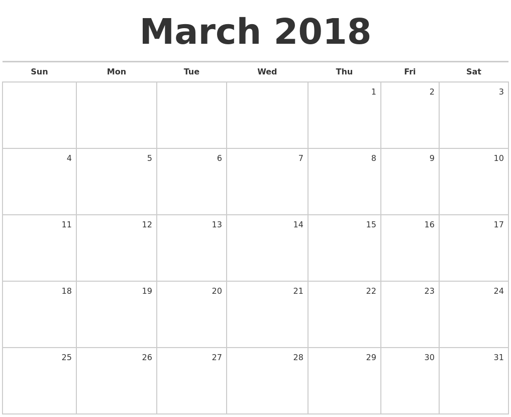 2018 March Monthly Calendar