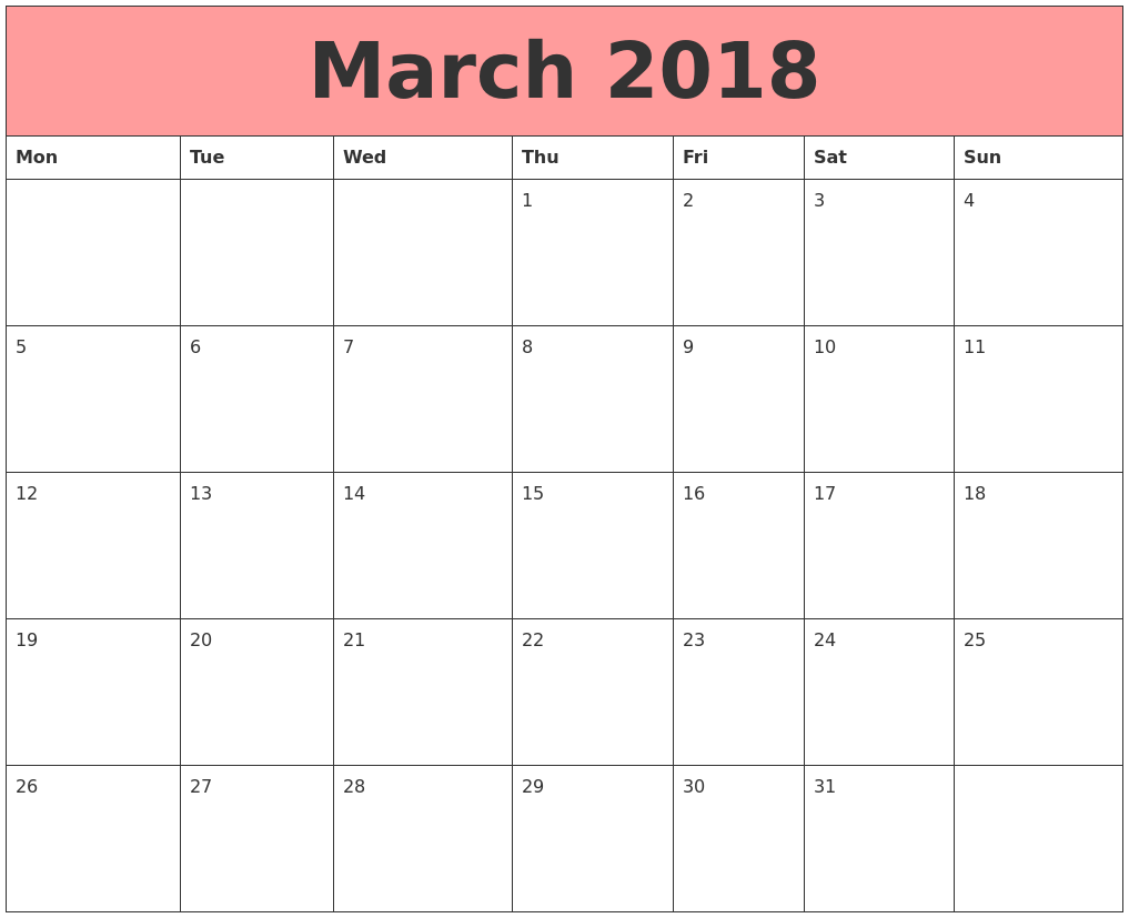 2018 calendar monday start