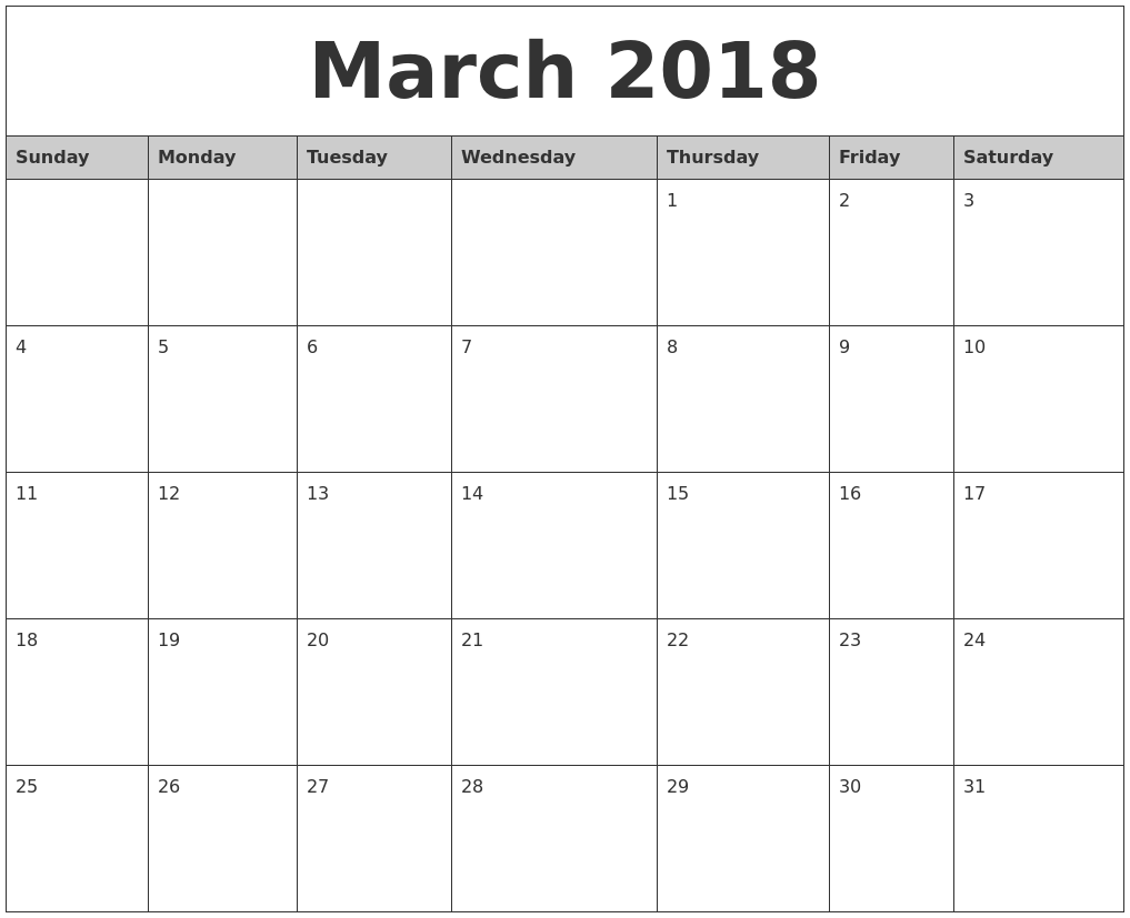 monthly calendar template 2018