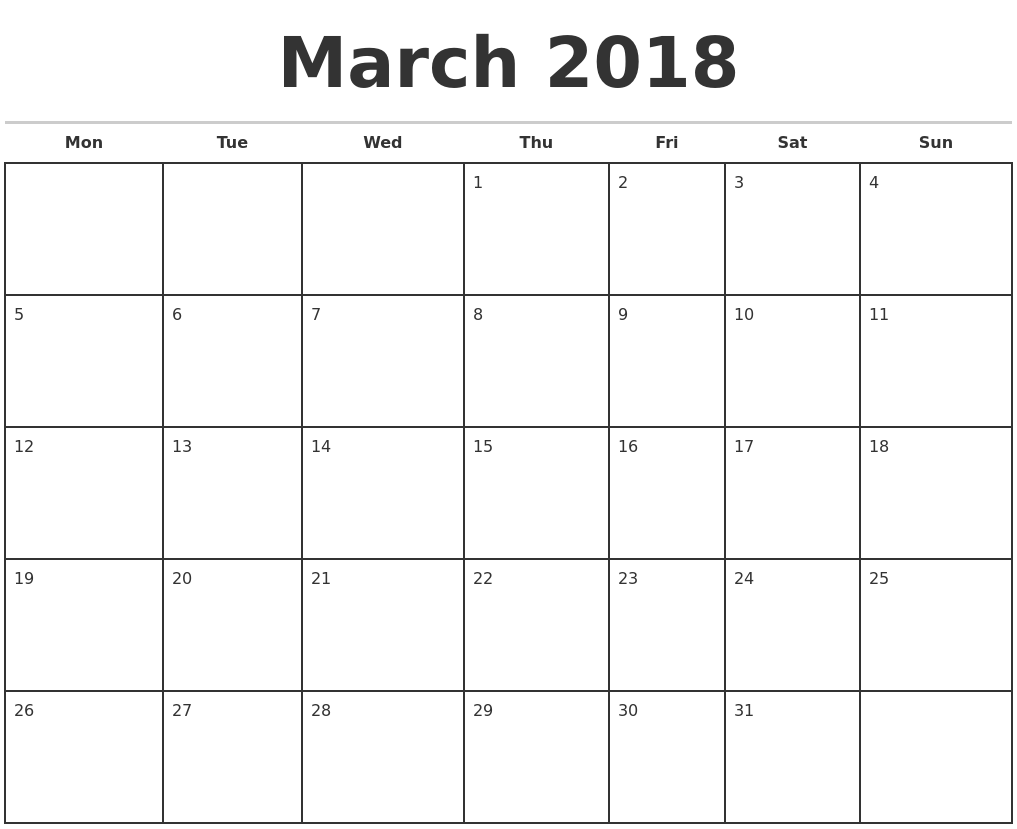 monthly calendar template 2018
