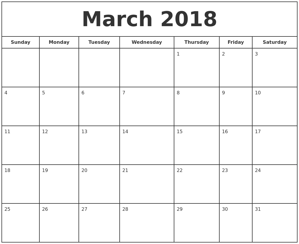 Blank March 2018 Calendar To Print