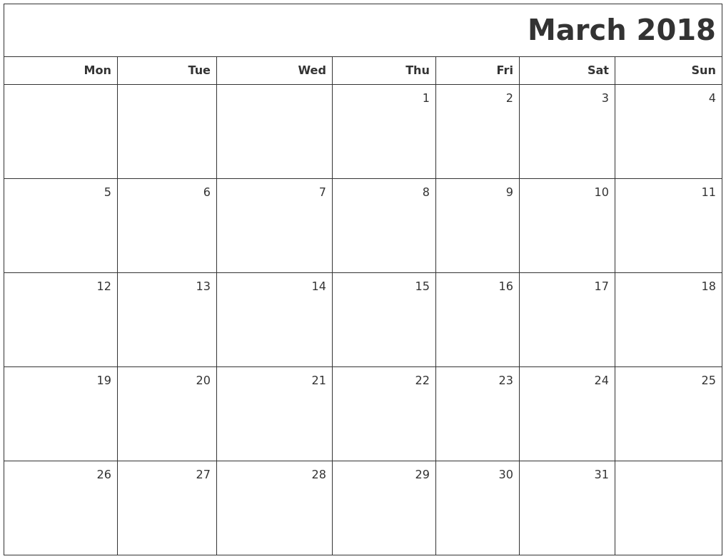 blank calendar for march 2018