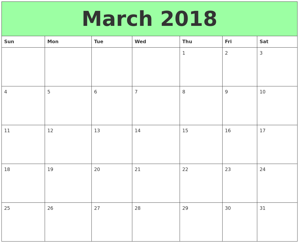 blank calendar for march 2018