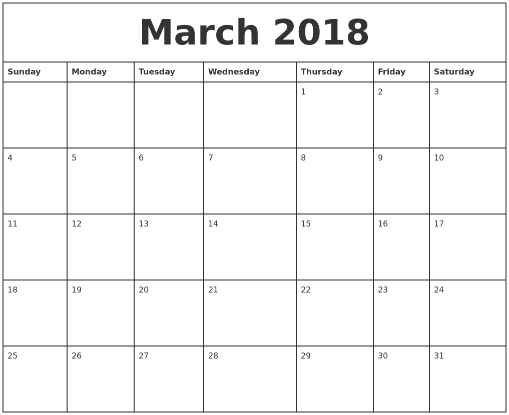 Monthly Calendar March 2018