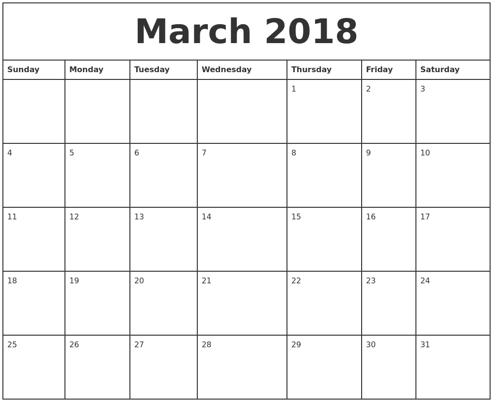 March 2018 Calendar Printable