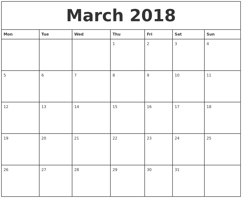 monthly calendar template 2018