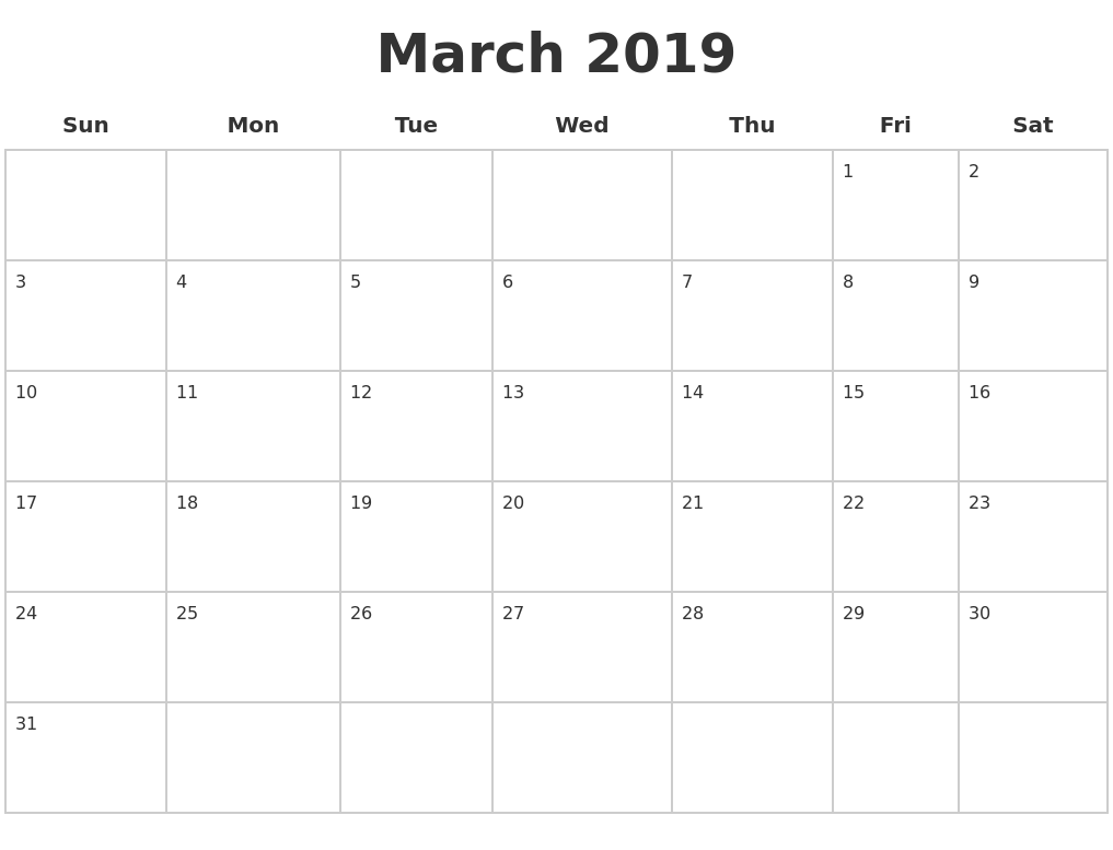 Blank March Calendar 2019