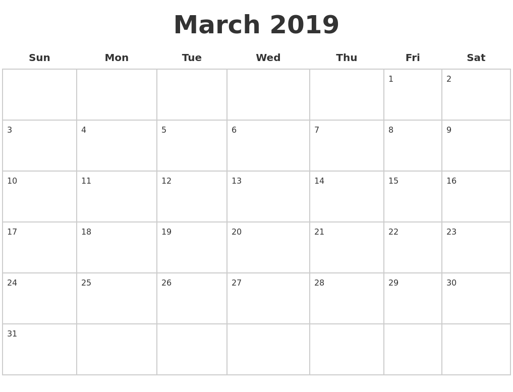 march 2019 blank calendar pages