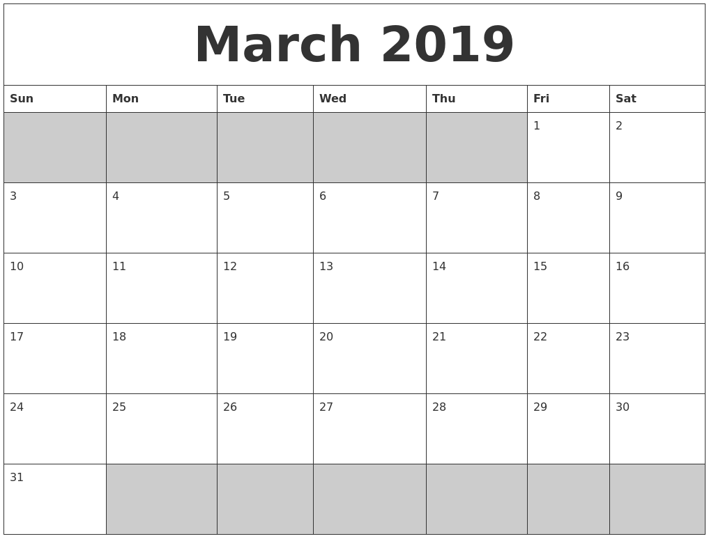 2019 Blank March Calendar