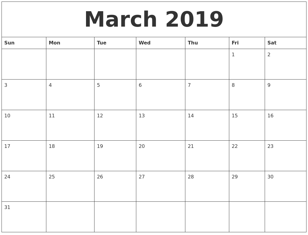 march 2019 calendar monthly