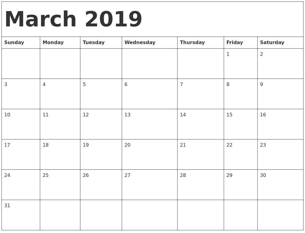 March 2019 Calendar Template
