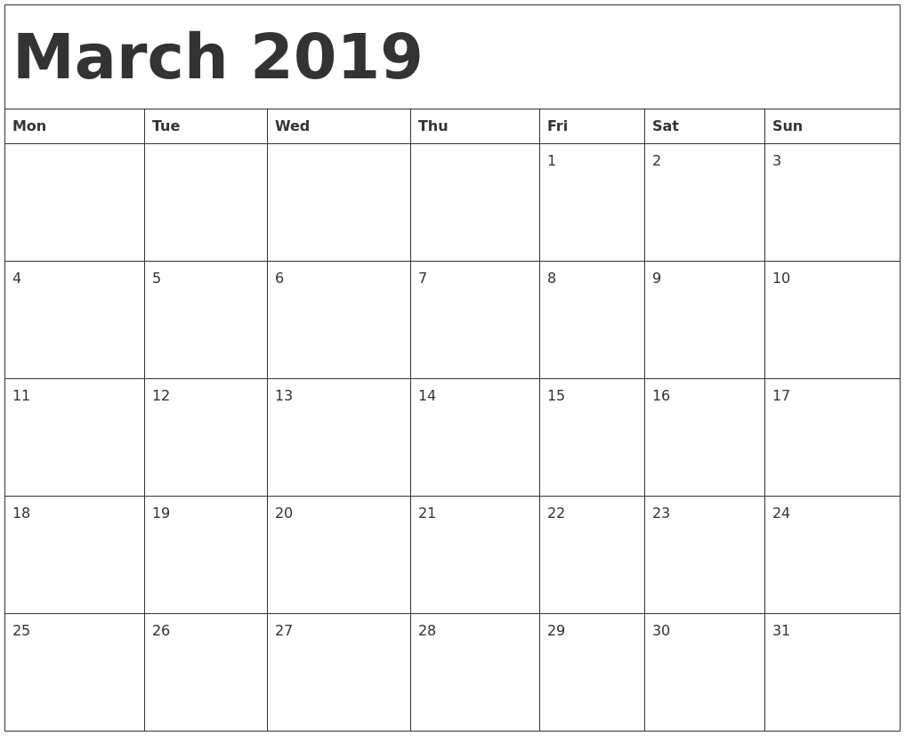March 2019 Calendar Template