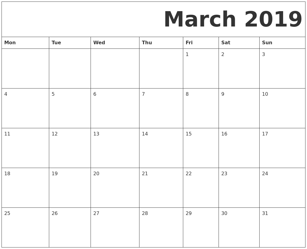 March 2019 Free of charge Printable Calendar picture relating to Free Printable March Calendar identify March 2019 Free of charge Printable Calendar
