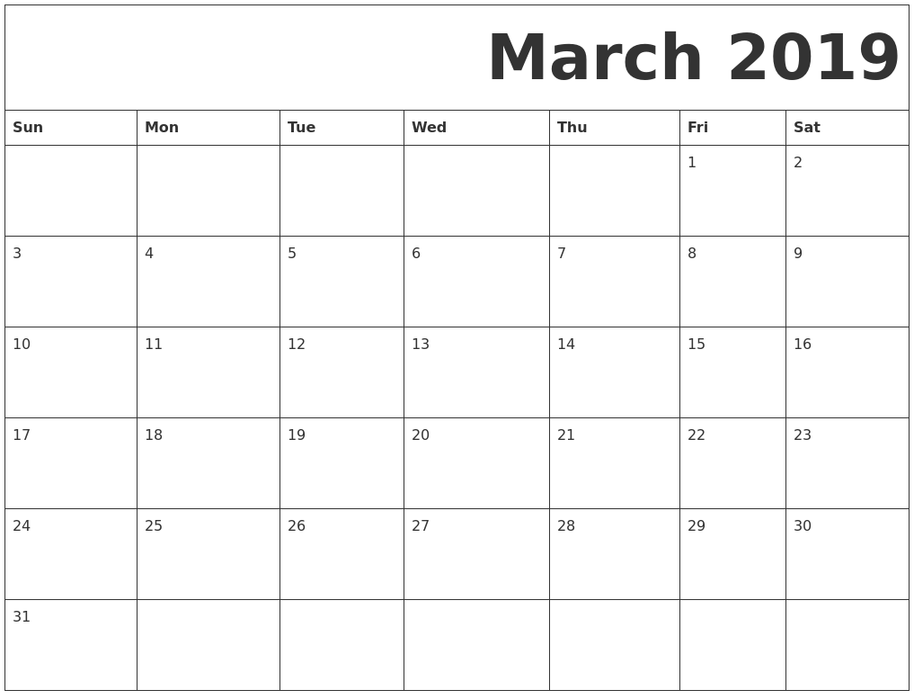 Printable March 2019 Calendar