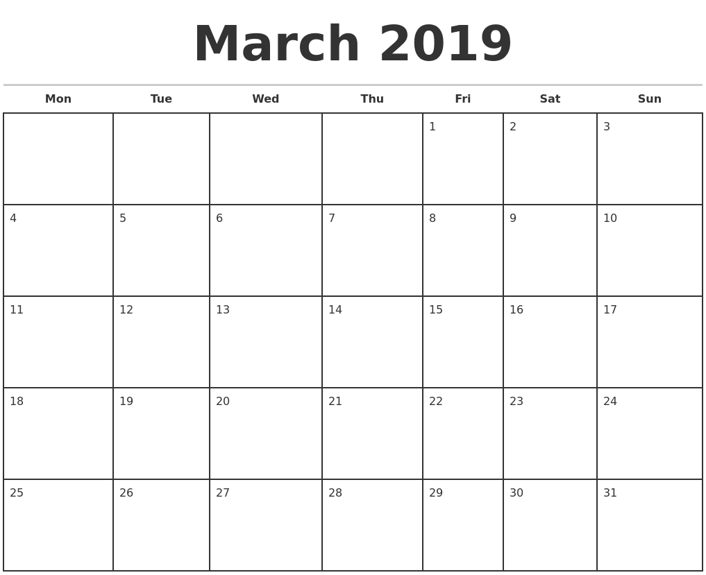 March Calendar Editable 2019