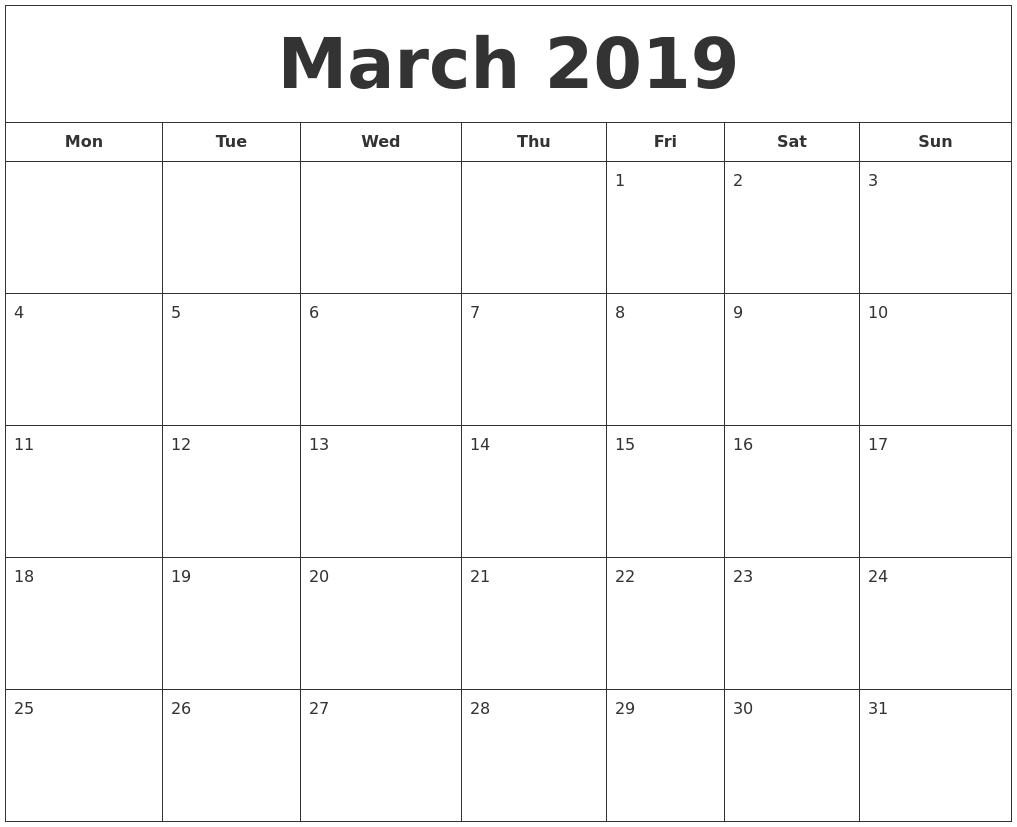 March 2019 Printable Calendar