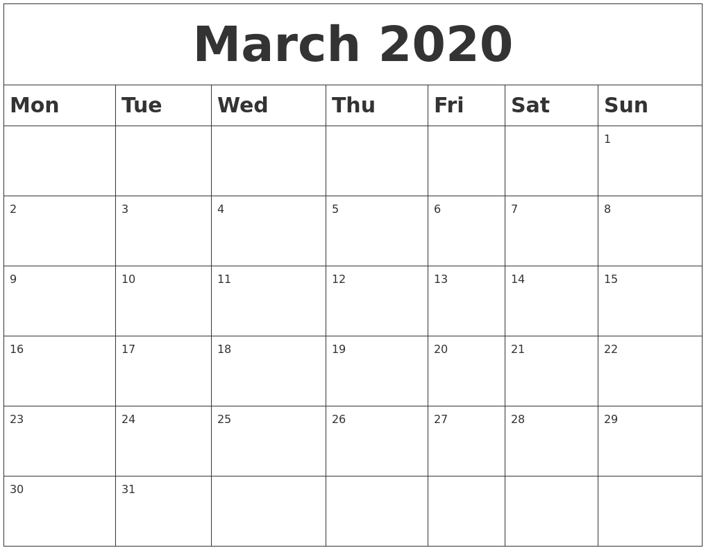 march 2020 blank calendar monthly calendar starting with monday