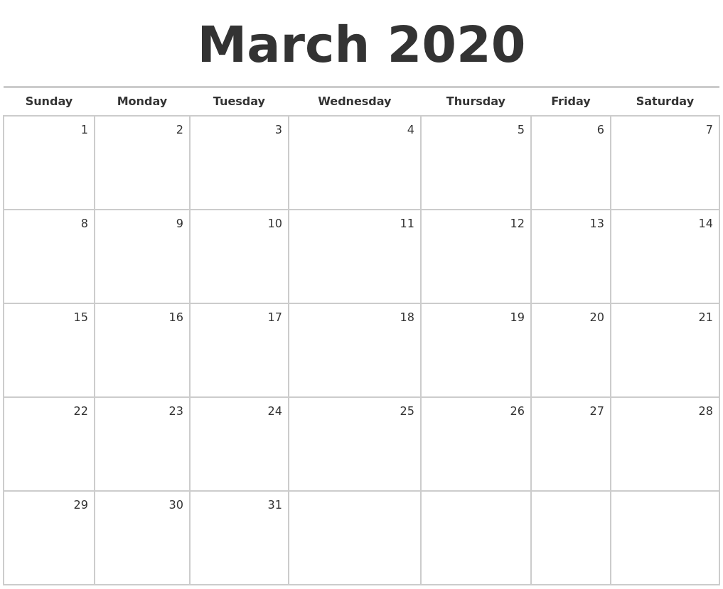 March 2020 Blank Monthly Calendar