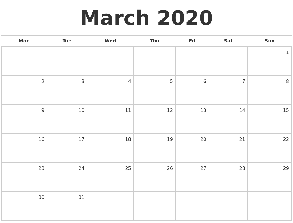 March 2020 Blank Monthly Calendar