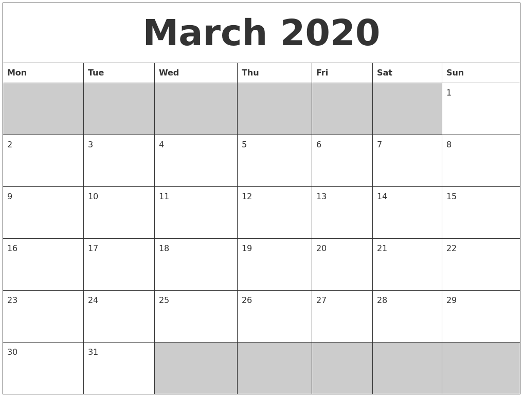 March 2020 Blank Printable Calendar