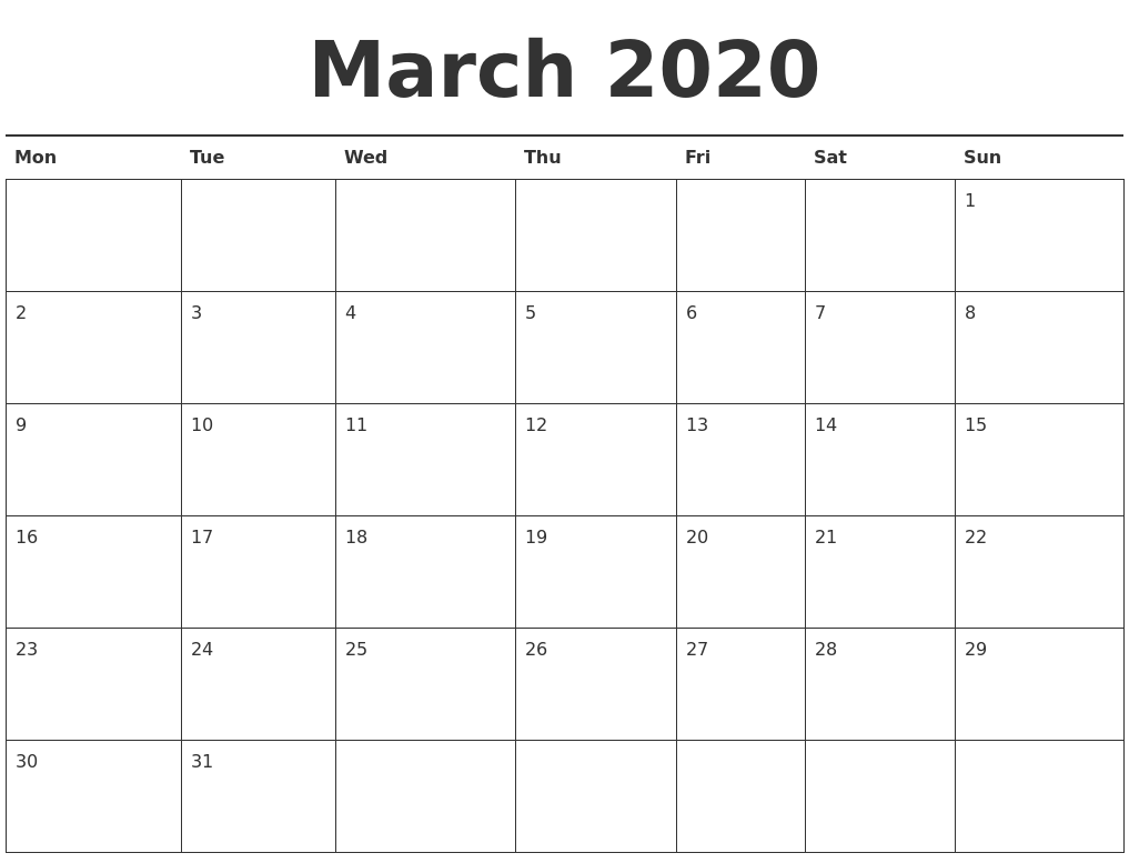 March 2020 Calendar Printable