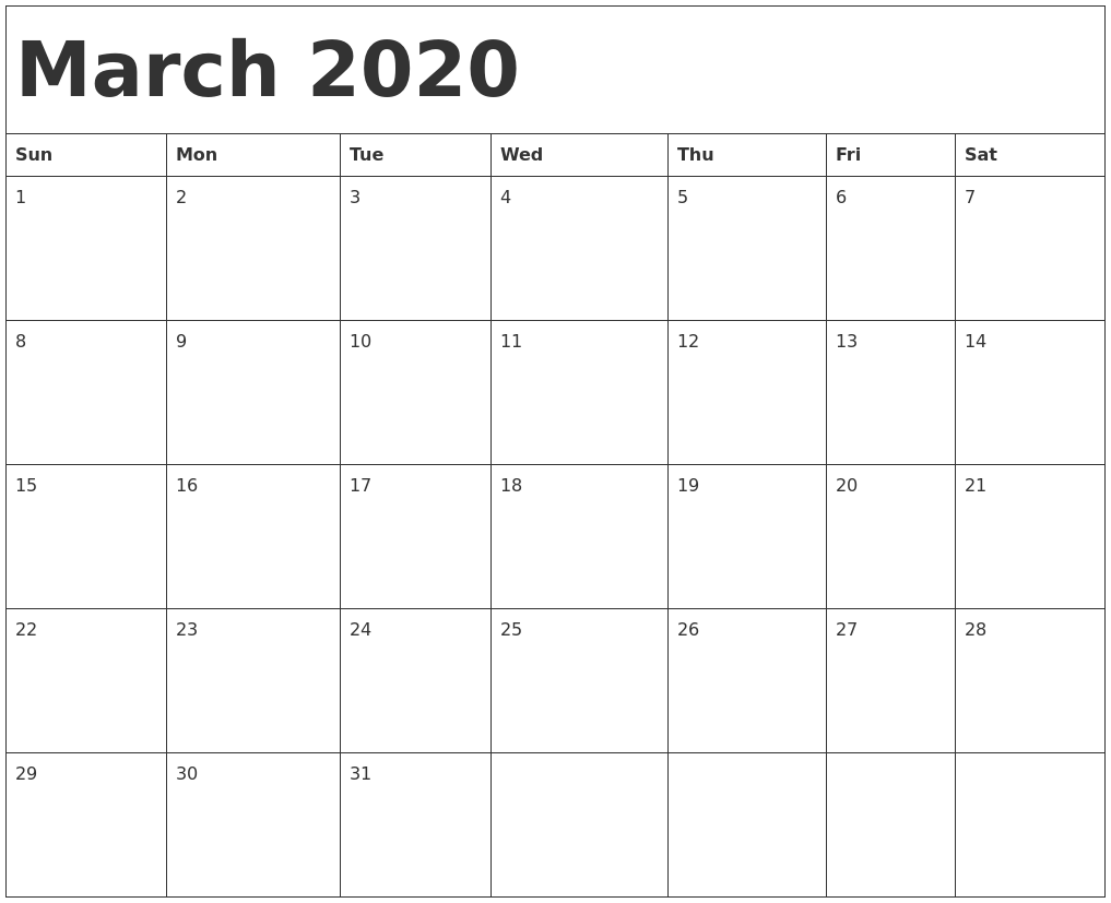 March 2020 Calendar Template