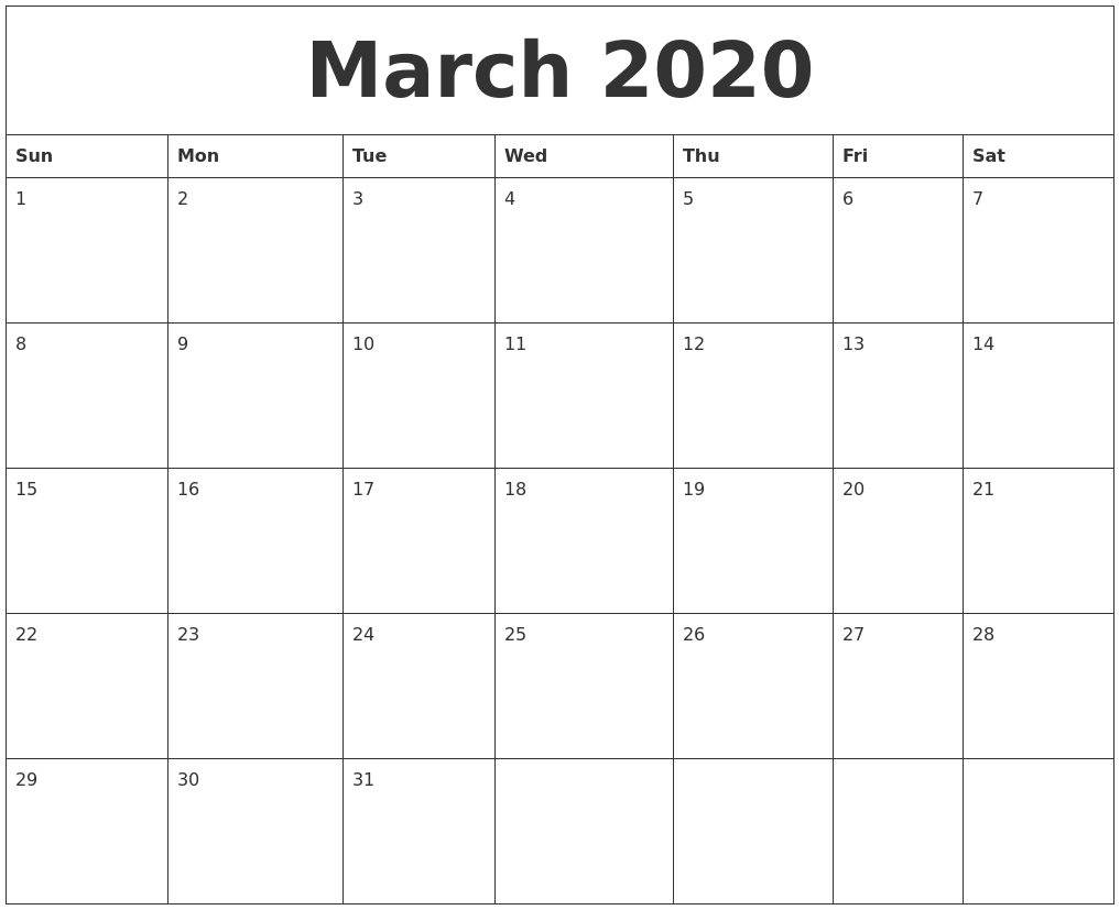 march 2020 create calendar