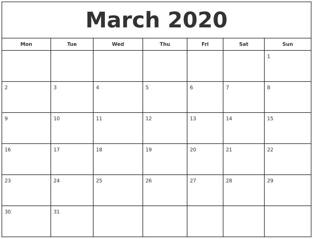 March 2020 Print Free Calendar