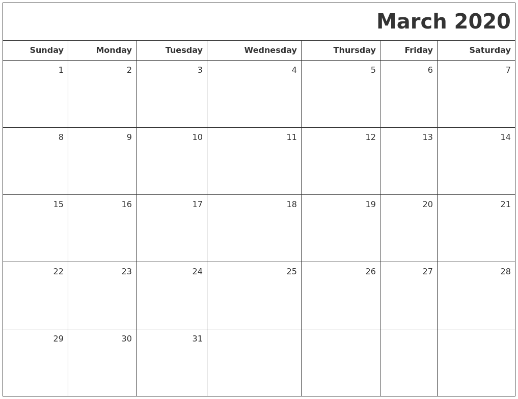 march 2020 printable blank calendar blank calendar october 2020 printable