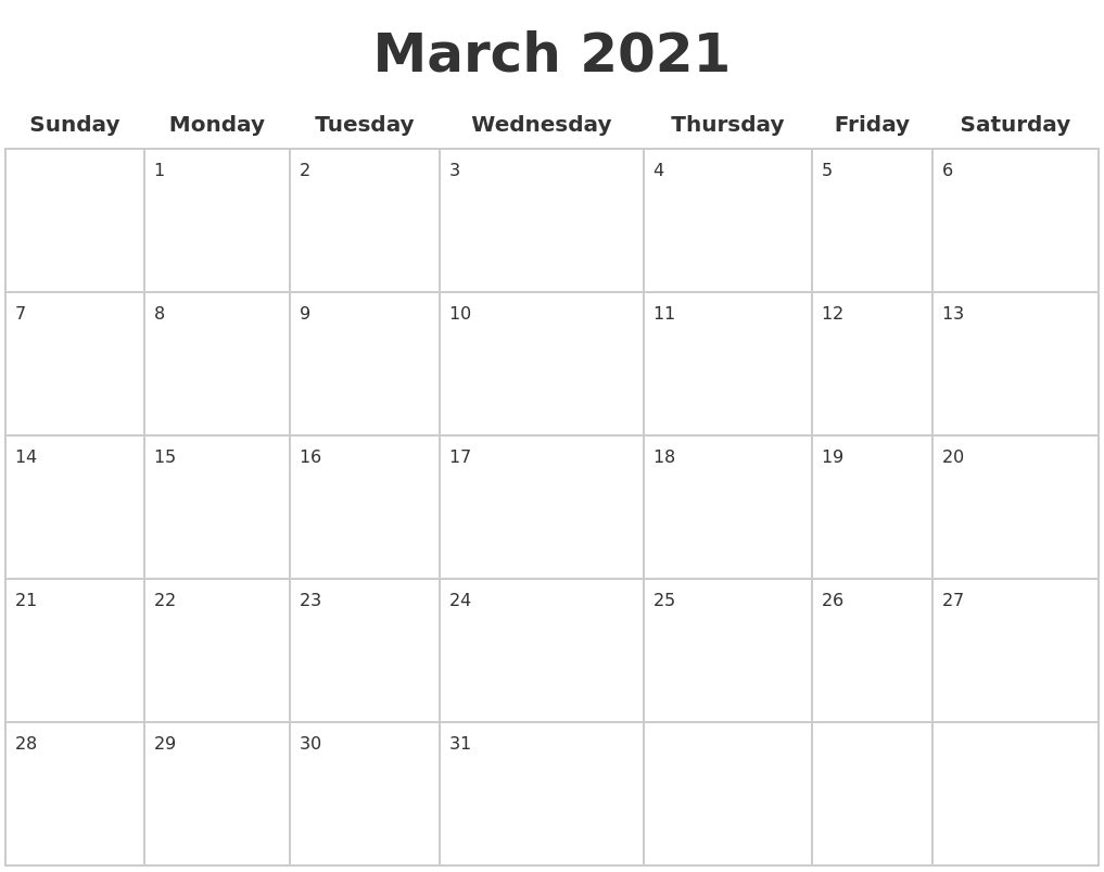 March 2021 Blank Calendar Pages