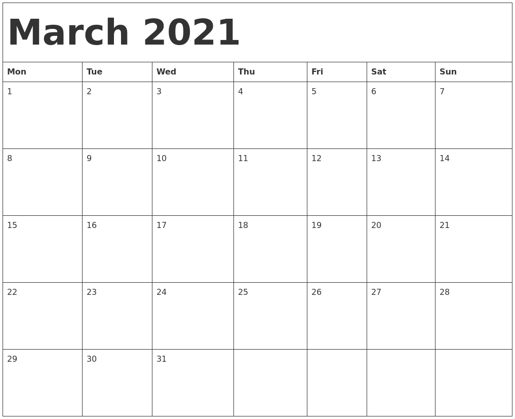 March 2021 Calendar Template