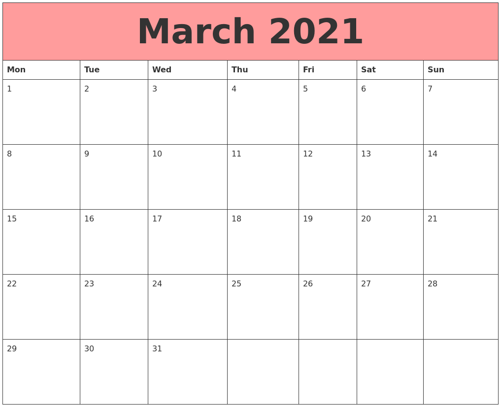 Featured image of post March 2021 Calendar Monday Start - Keep your weekends together with our monday start 2021 calendar and stay organized at home, school, or the office.