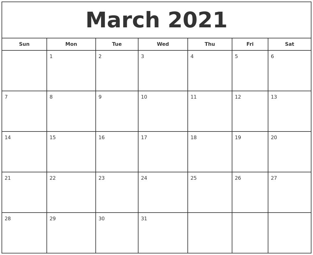 March 2021 Print Free Calendar