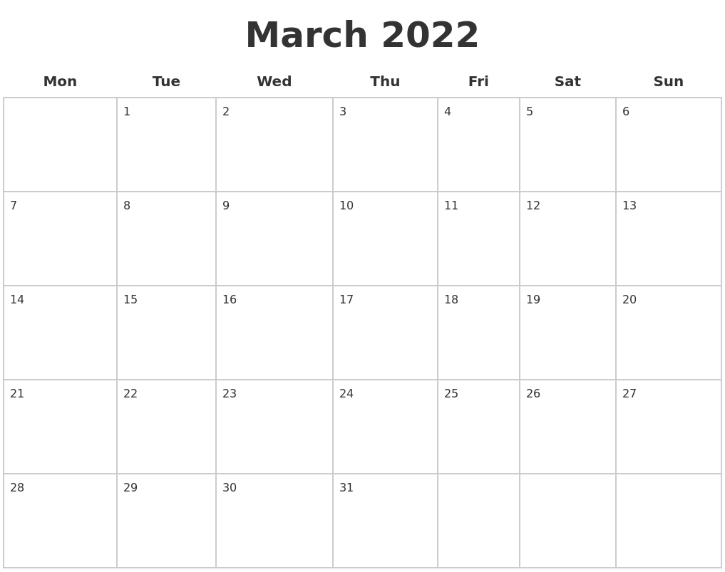 March 2022 Blank Calendar Pages