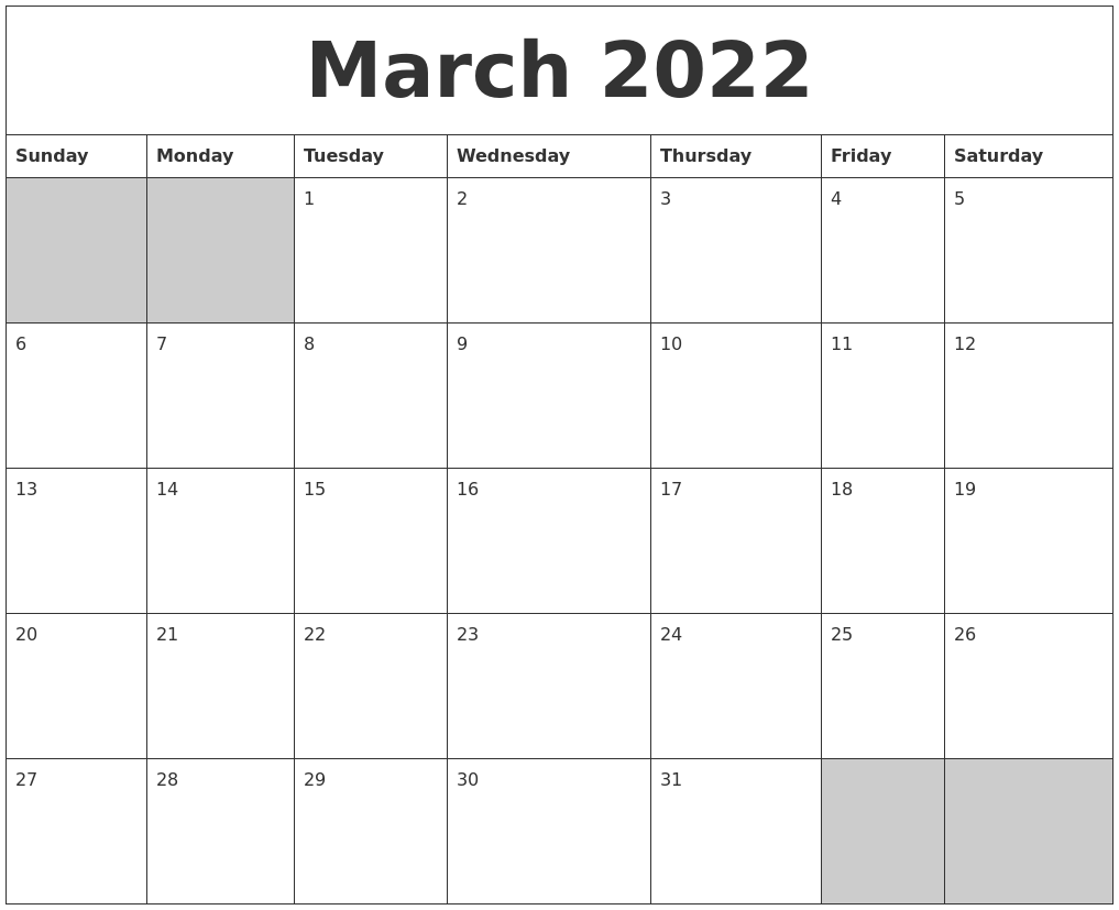 March 2022 Blank Printable Calendar