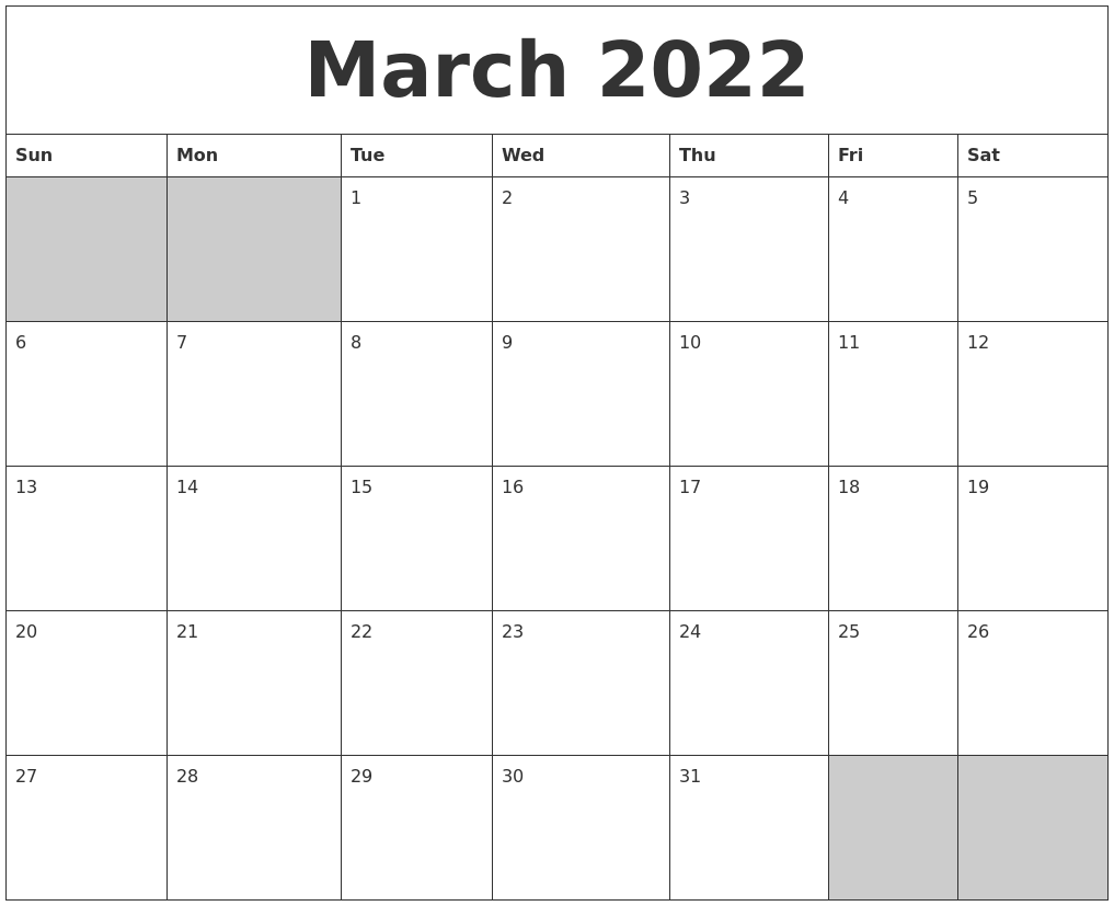 March 2022 Blank Printable Calendar