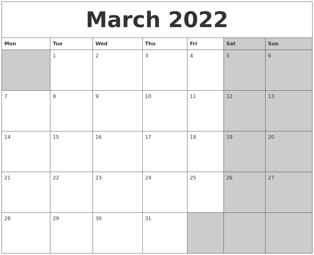 March 2022 Calanders