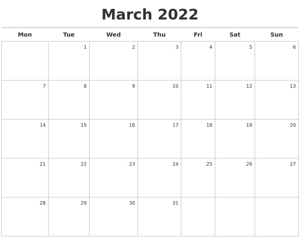 March 2022 Calendar Maker