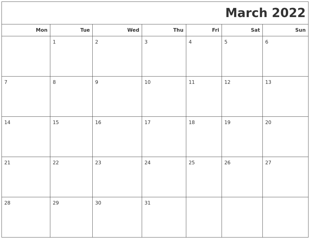 March 2022 Calendars To Print