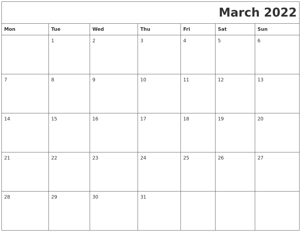 March 2022 Download Calendar