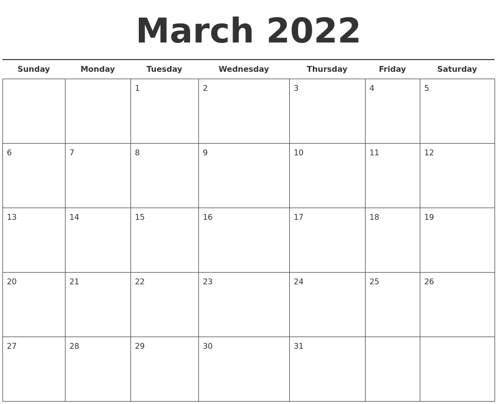 March 2022 Free Calendar Template
