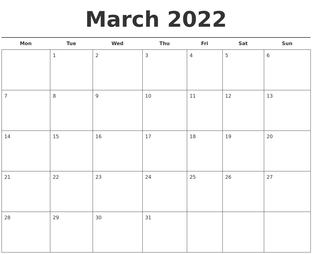 March 2022 Free Calendar Template