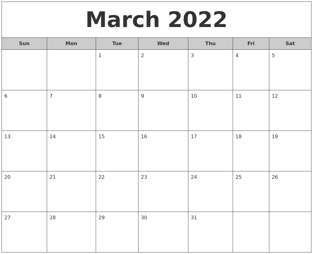 March 2022 Free Monthly Calendar
