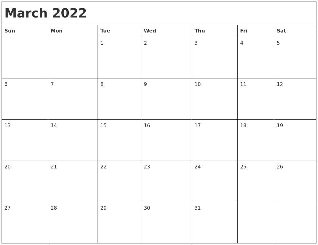 March 2022 Month Calendar