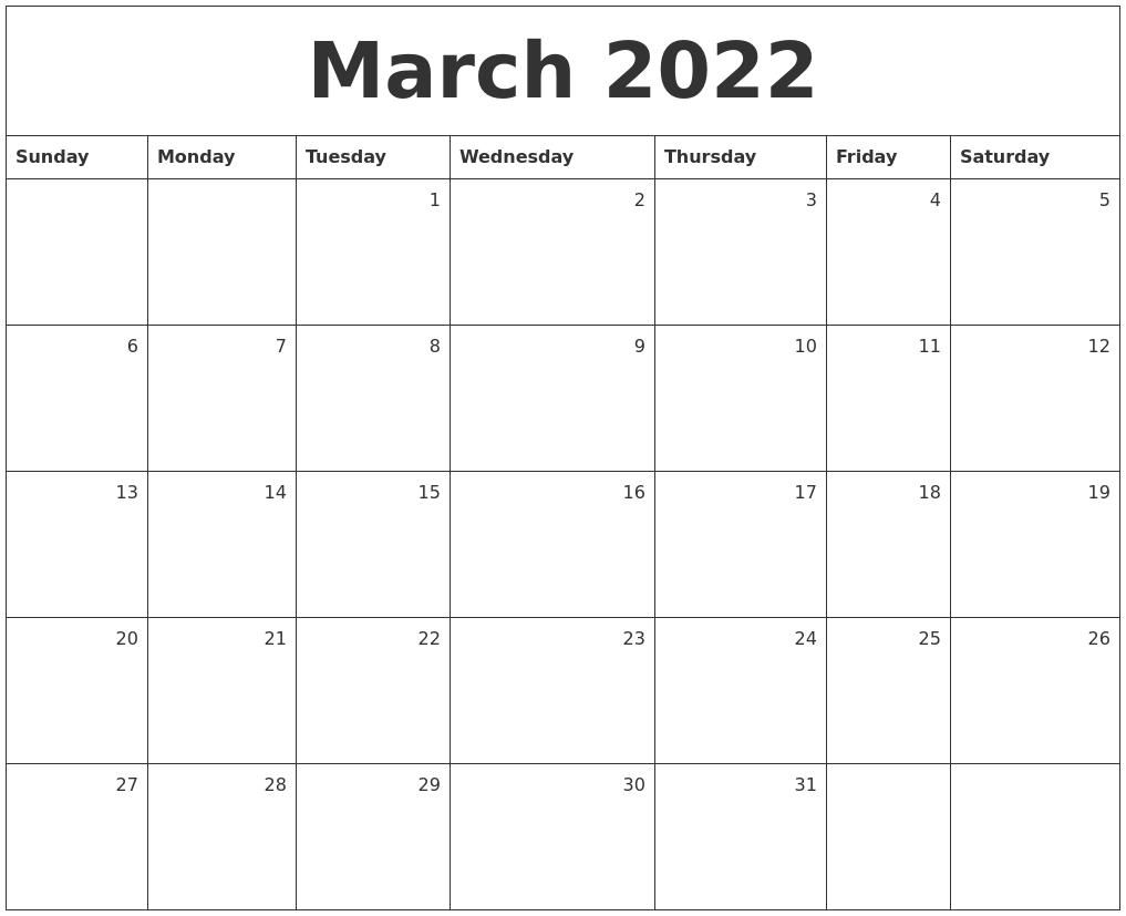 March 2022 Monthly Calendar