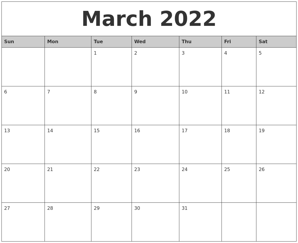 March 2022 Monthly Calendar Printable